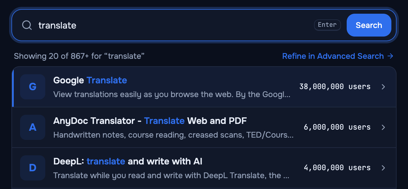 AppView Find page with “translate” in the search box and a list of matching extensions, most-used first