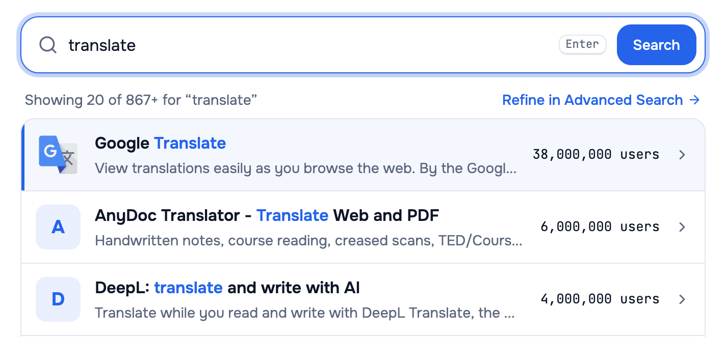 AppView Find page with “translate” in the search box and a list of matching extensions, most-used first