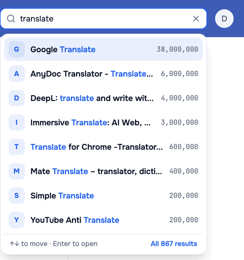 AppView quick search in the header, open with “translate” typed and eight matching extensions below it